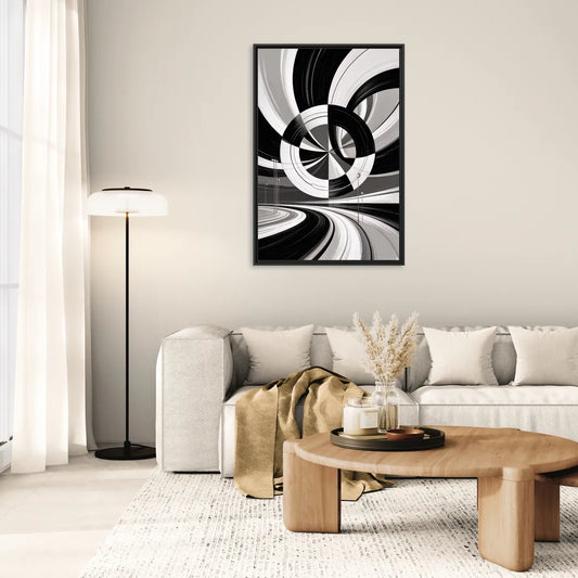 Dynamic Geometric Motion Black and White Abstract - Living Room Black Frame Canvas