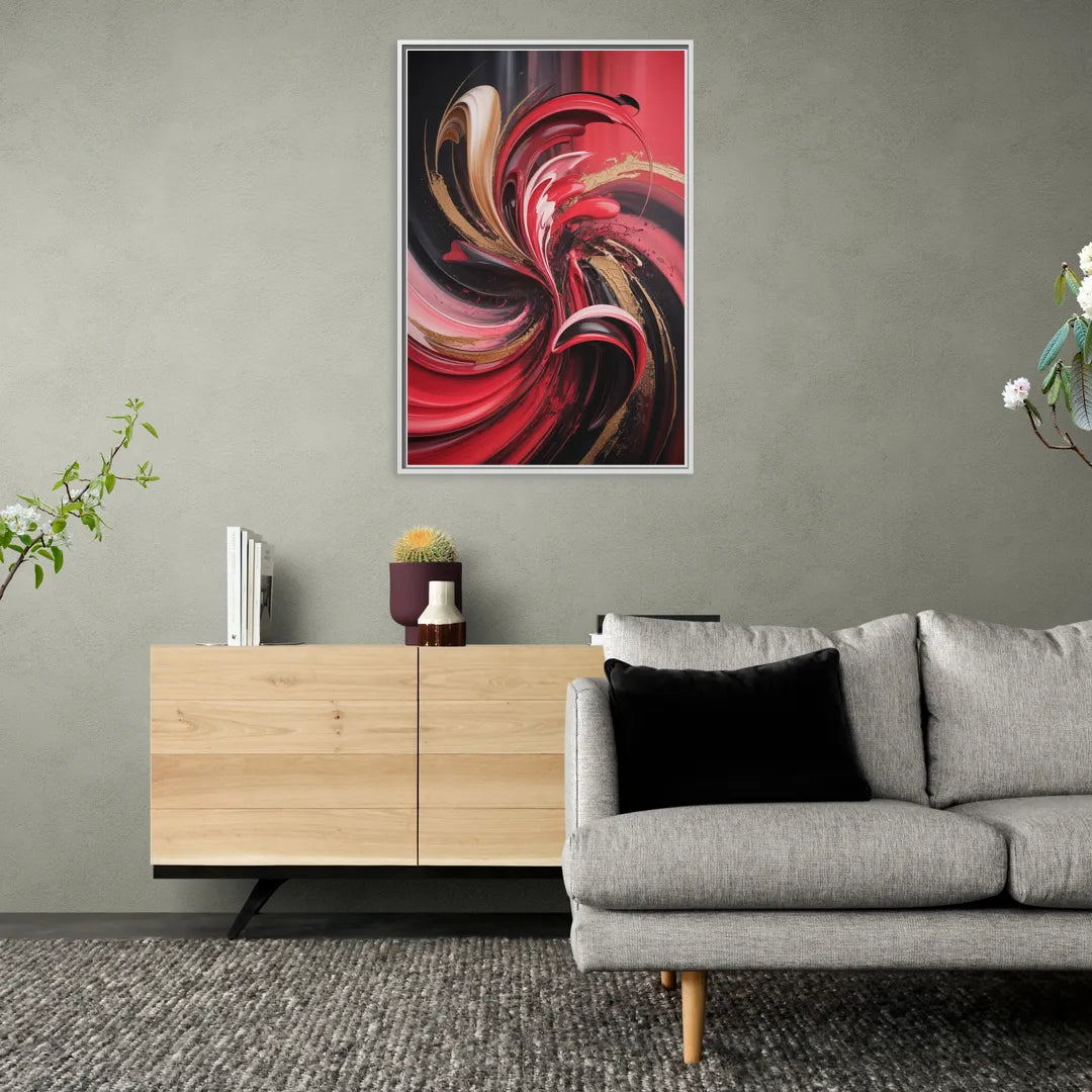 Dynamic Swirl Red Abstract - Living Room White Frame Canvas