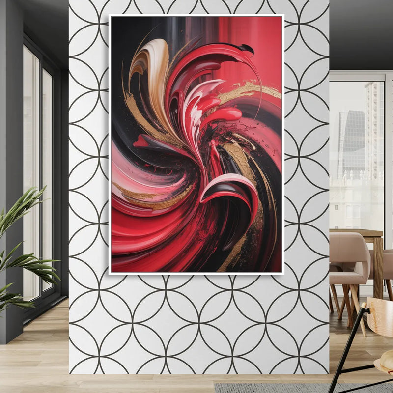 Dynamic Swirl Red Abstract Living Room - White Canvas Wall Art