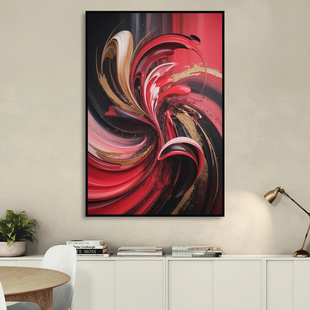 Dynamic Swirl Red Abstract Sitting Room - Black Canvas Wall Art