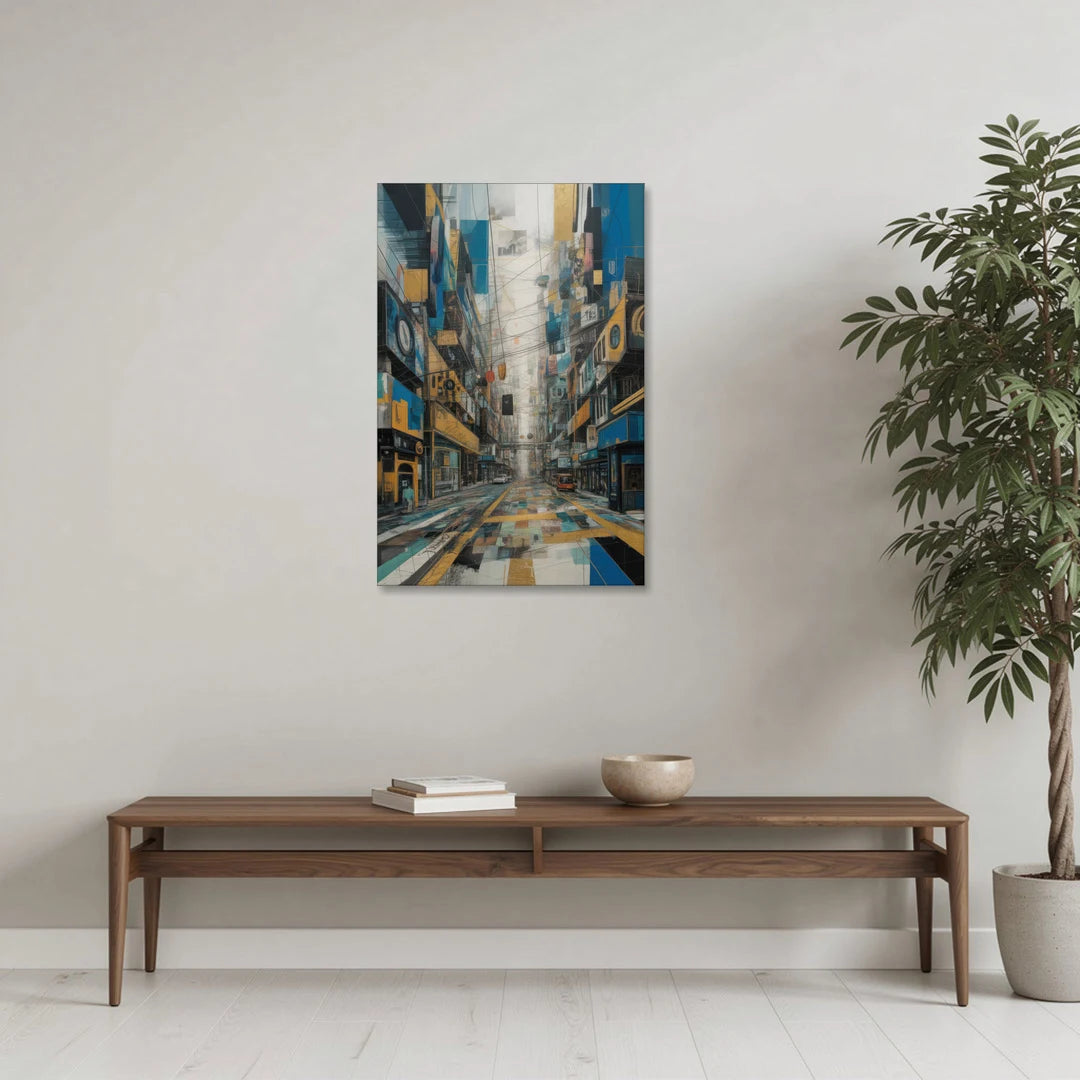 Dynamic Urban Layers Blue and Gold Abstract - Canvas Wall Art - Coffee Table - 24x36