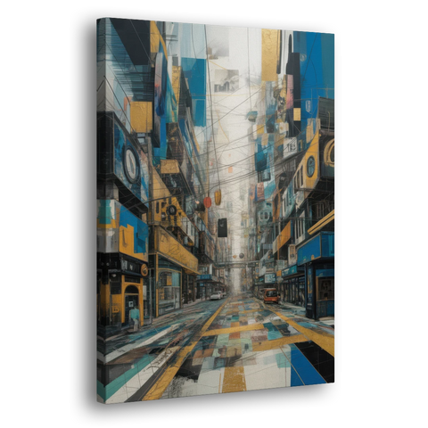 Dynamic Urban Layers Blue and Gold Abstract - Canvas Wall Art - Side