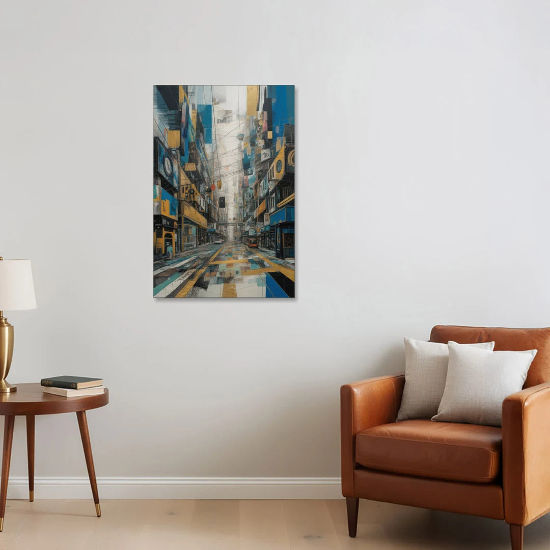 Dynamic Urban Layers Blue and Gold Abstract - Canvas Wall Art - Sofa - 24x36