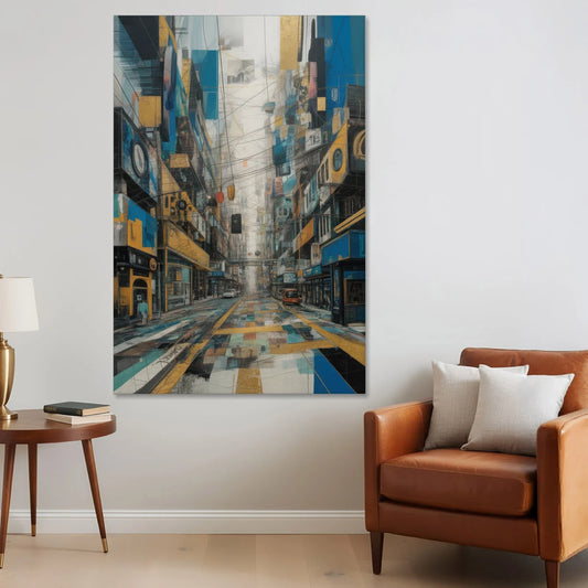 Dynamic Urban Layers Blue and Gold Abstract - Canvas Wall Art - Sofa - 40x60