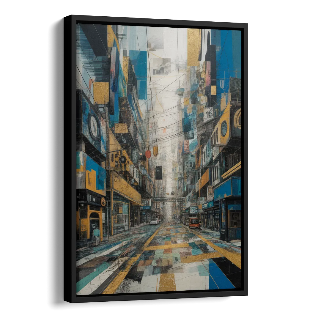 Dynamic Urban Layers Blue and Gold Abstract Side - Black Canvas Wall Art
