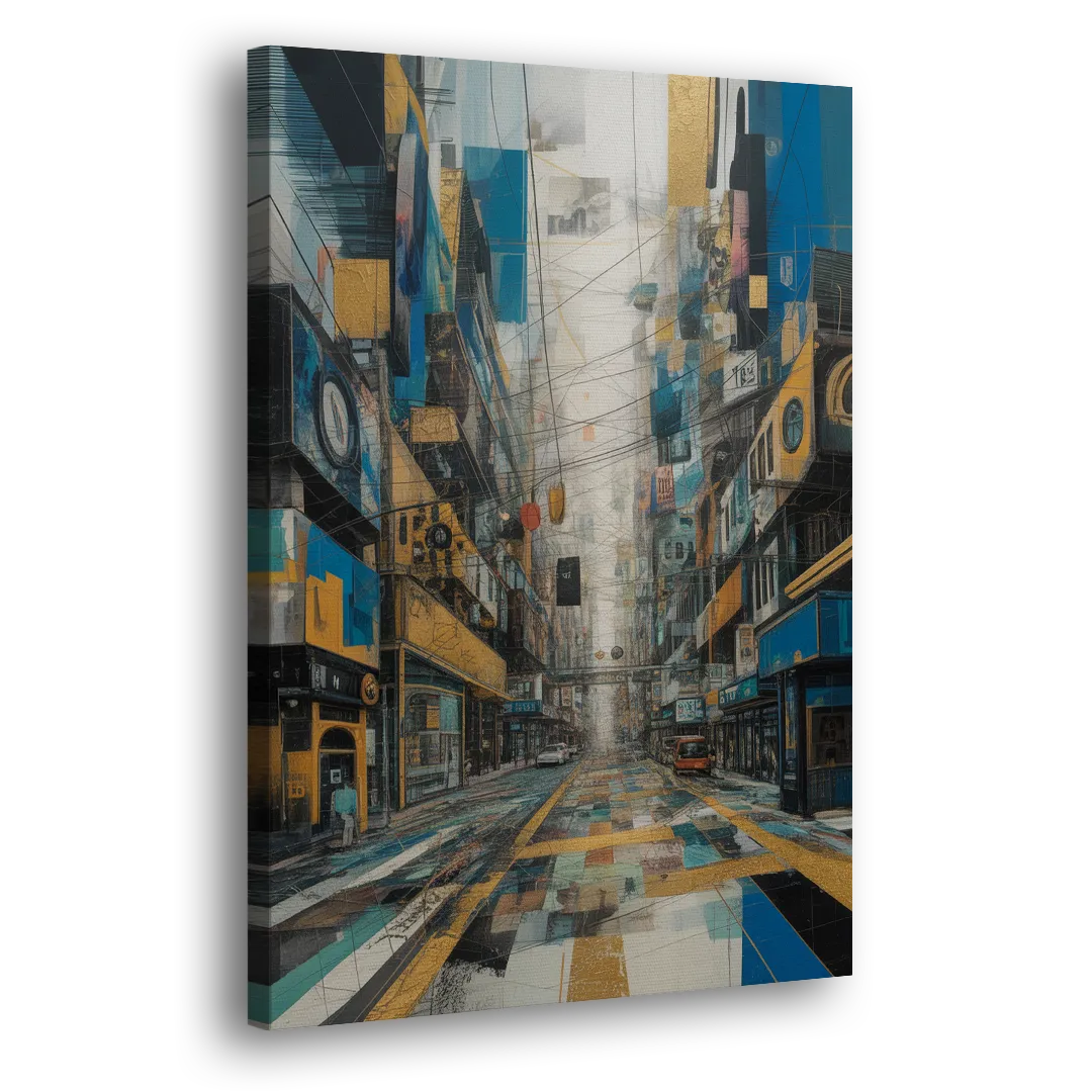 Dynamic Urban Layers Blue and Gold Abstract Side - Canvas Wall Art