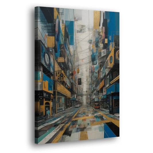 Dynamic Urban Layers Blue and Gold Abstract Side - Canvas Wall Art