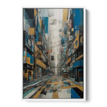Dynamic Urban Layers Blue and Gold Abstract Front - White Canvas Wall Art