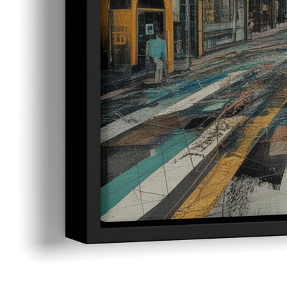 Dynamic Urban Layers Blue and Gold Abstract - Close-Up Black Frame Canvas
