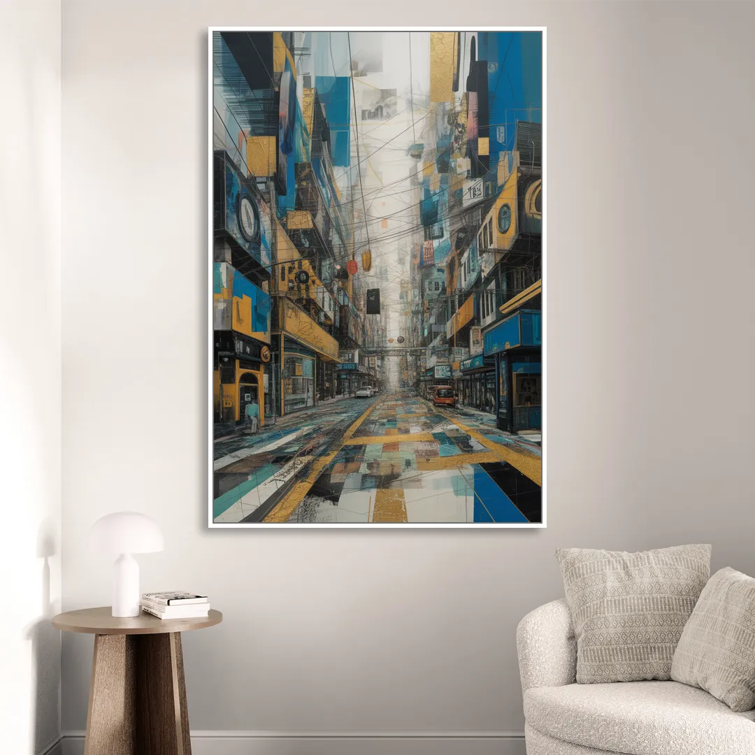 Dynamic Urban Layers Blue and Gold Abstract Living Room - White Canvas Wall Art