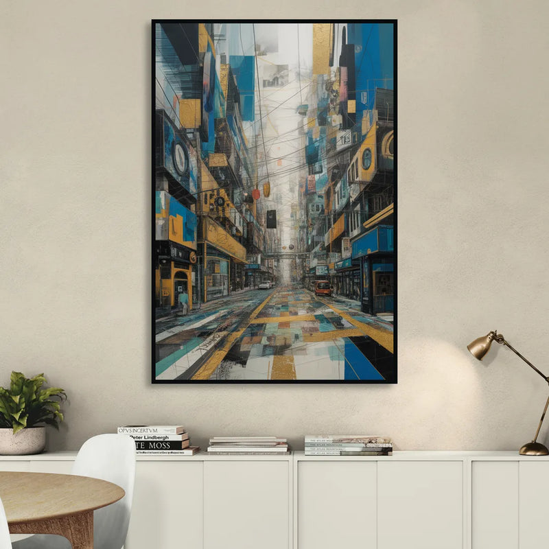 Dynamic Urban Layers Blue and Gold Abstract Living Room - Black Canvas Wall Art