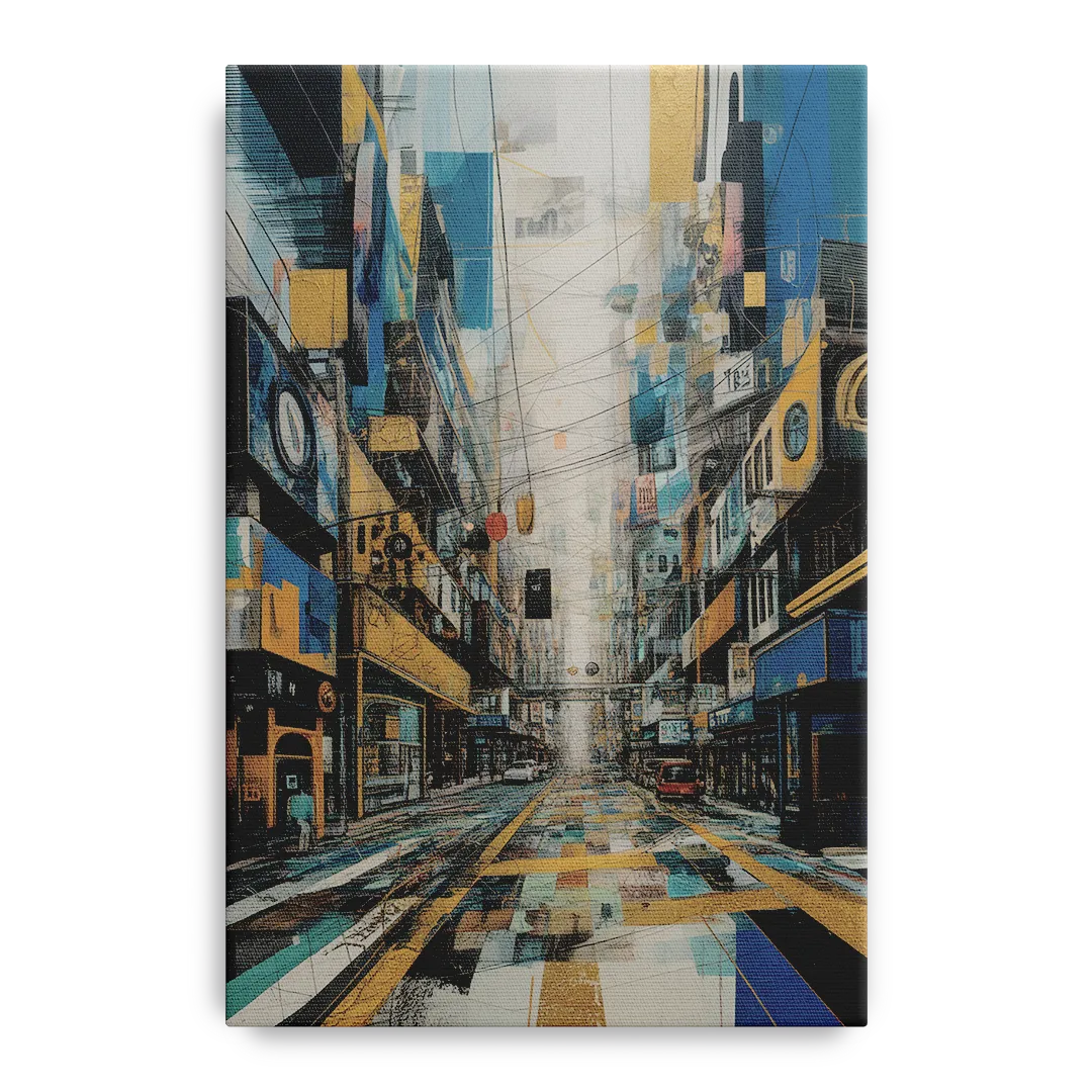 Dynamic Urban Layers Blue and Gold Abstract Front - Canvas Wall Art