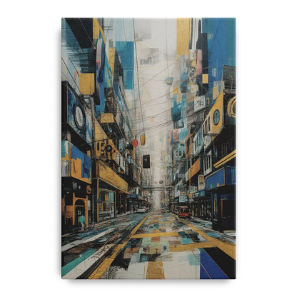 Dynamic Urban Layers Blue and Gold Abstract Front - Canvas Wall Art