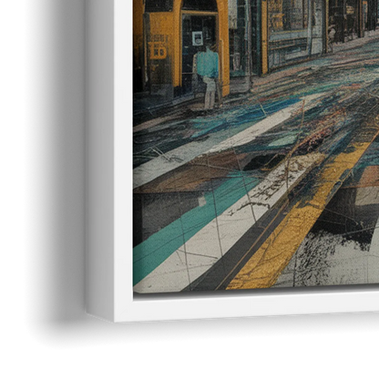 Dynamic Urban Layers Blue and Gold Abstract - Close-Up White Frame Canvas