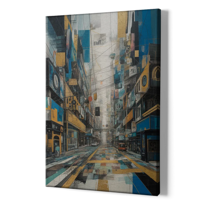 Dynamic Urban Layers Blue and Gold Abstract - Canvas Print Art Sides