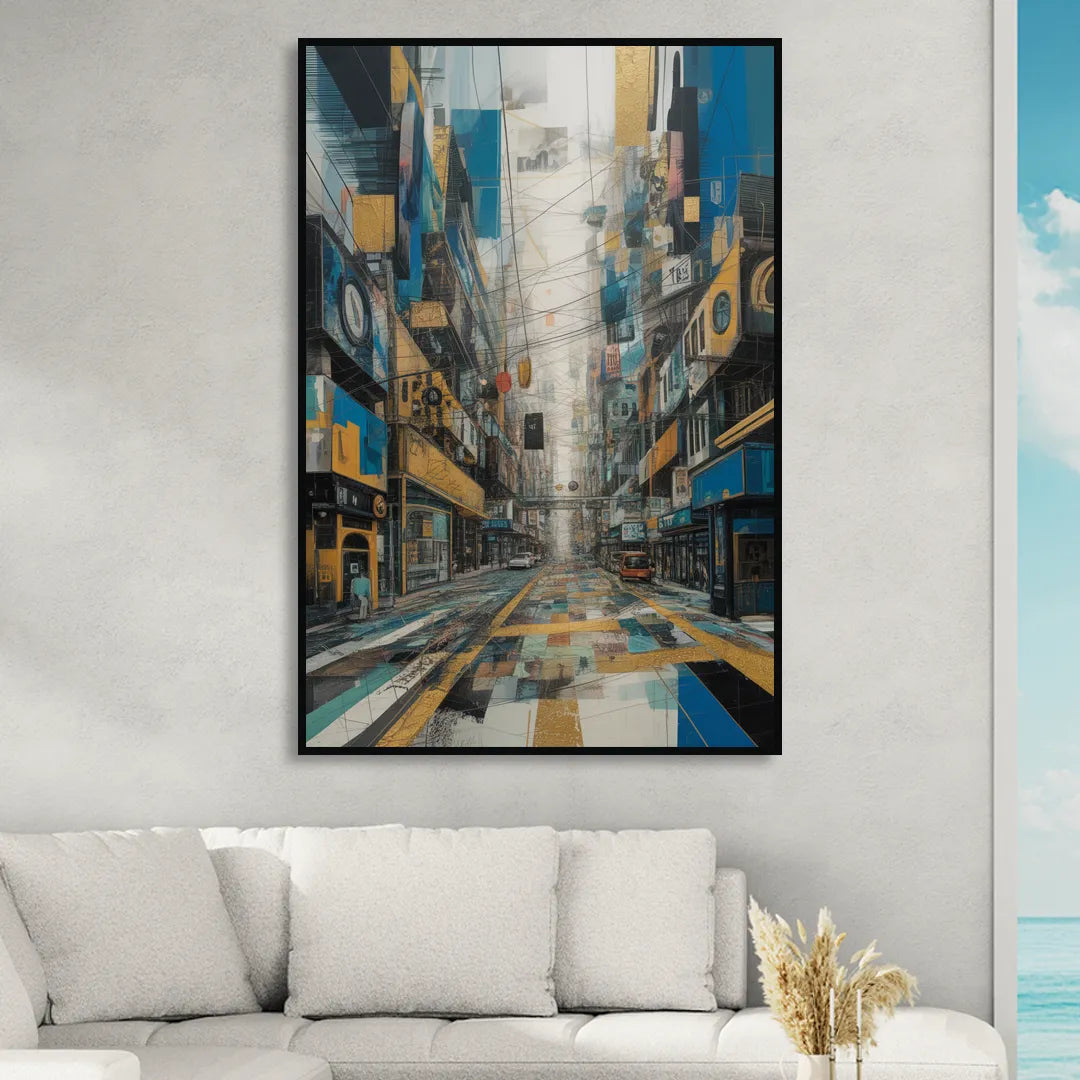 Dynamic Urban Layers Blue and Gold Abstract Sitting Room - Black Canvas Wall Art