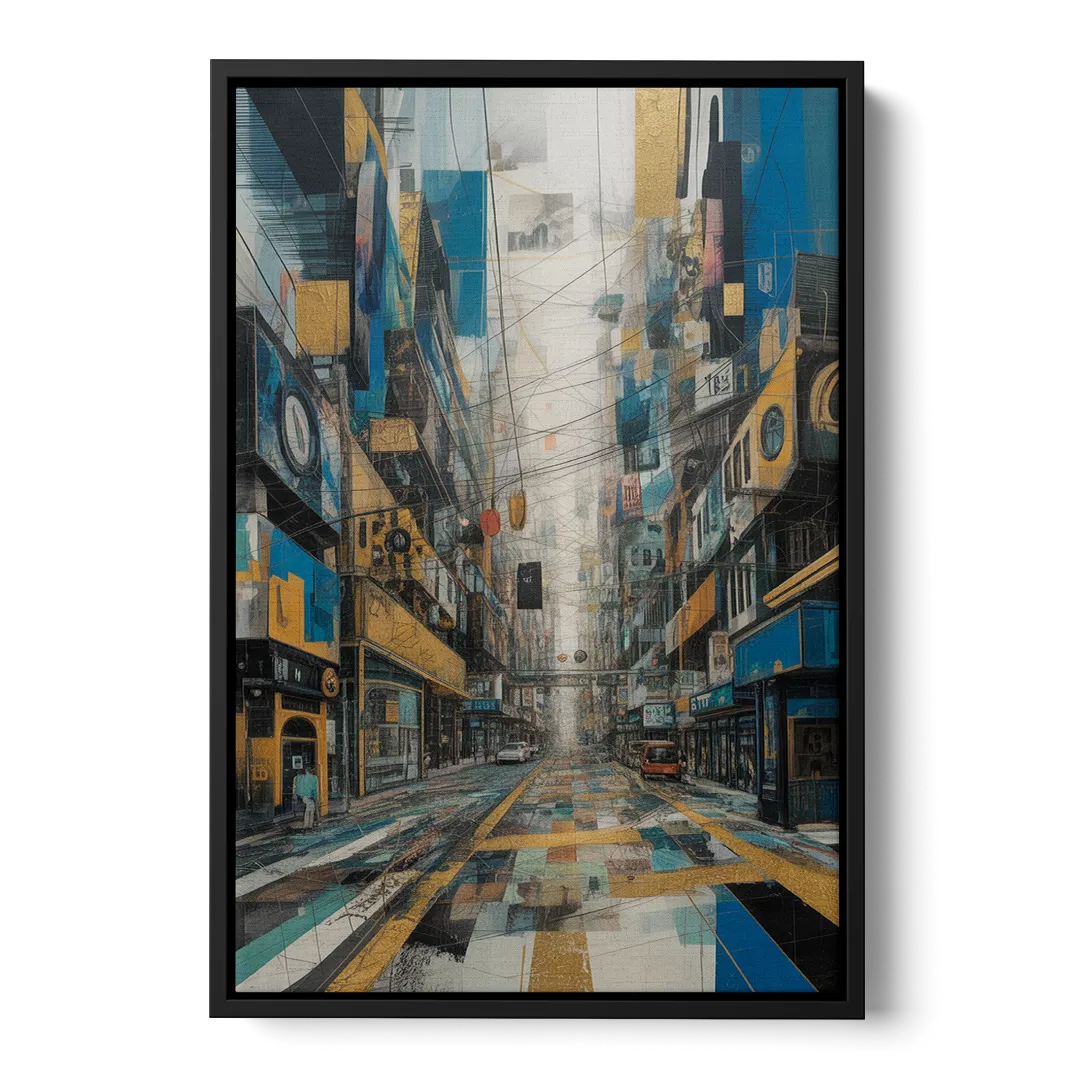 Dynamic Urban Layers Blue and Gold Abstract Front - Black Canvas Wall Art