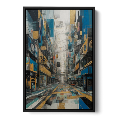 Dynamic Urban Layers Blue and Gold Abstract Front - Black Canvas Wall Art
