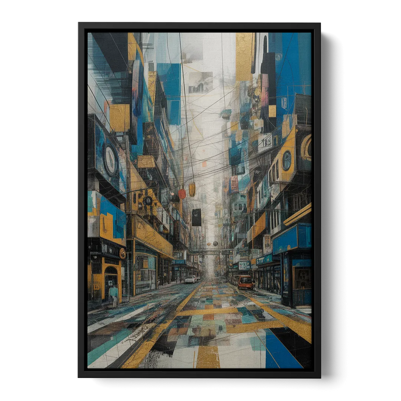 Dynamic Urban Layers Blue and Gold Abstract Front - Black Canvas Wall Art