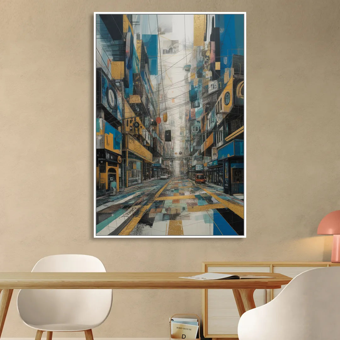 Dynamic Urban Layers Blue and Gold Abstract Sitting Room - White Canvas Wall Art