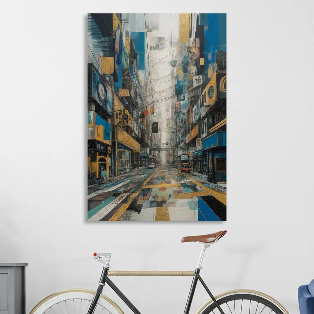 Dynamic Urban Layers Blue and Gold Abstract Sitting Room - Canvas Wall Art