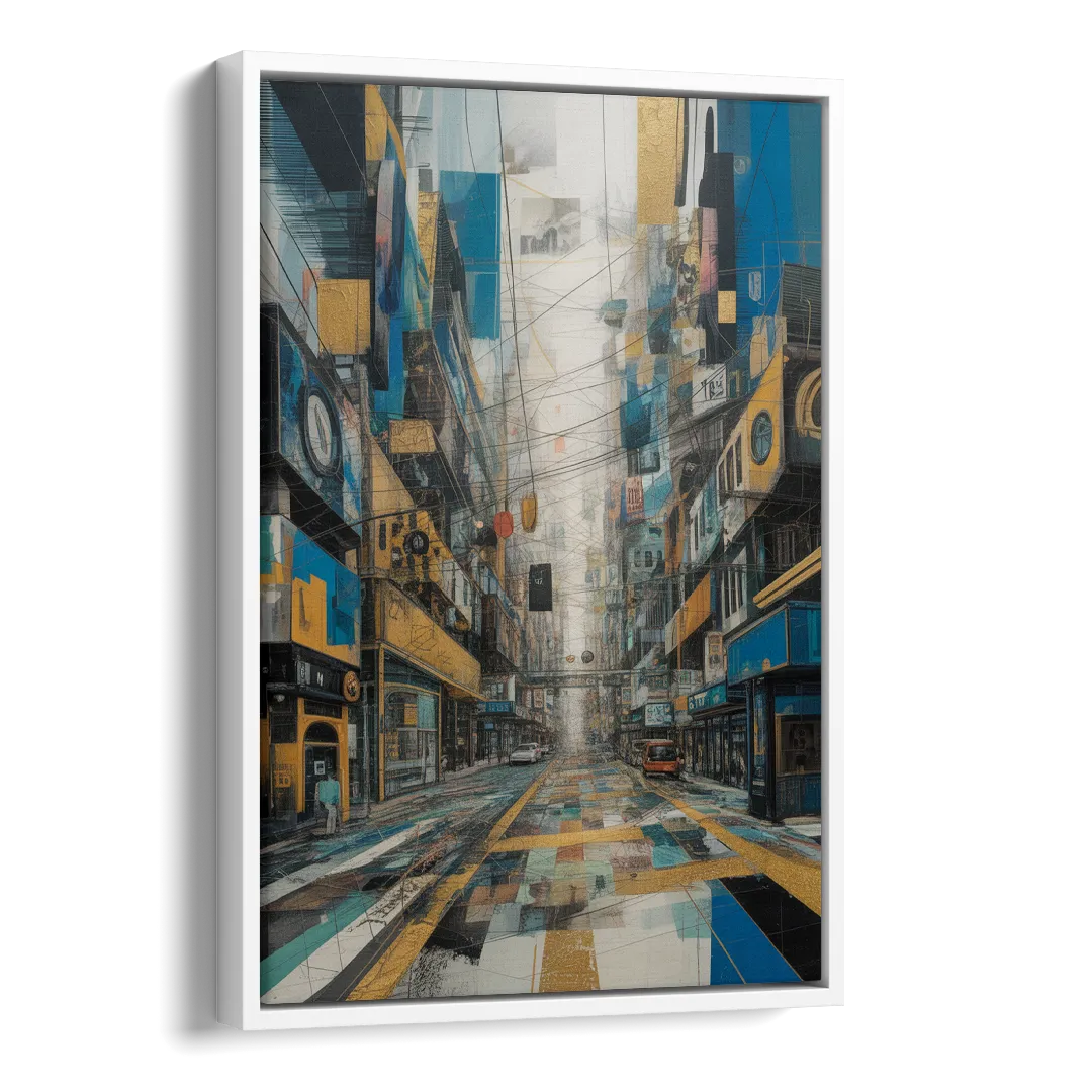 Dynamic Urban Layers Blue and Gold Abstract Side - White Canvas Wall Art