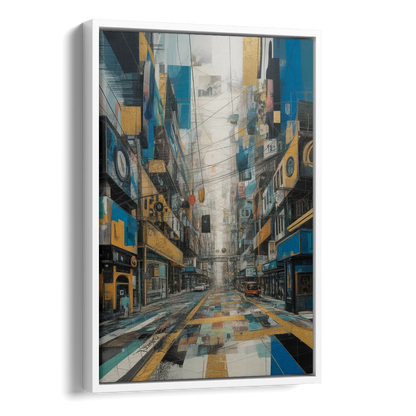 Dynamic Urban Layers Blue and Gold Abstract Side - White Canvas Wall Art