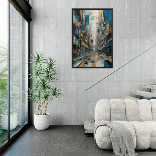 Dynamic Urban Layers Blue and Gold Abstract - Living Room Black Frame Canvas