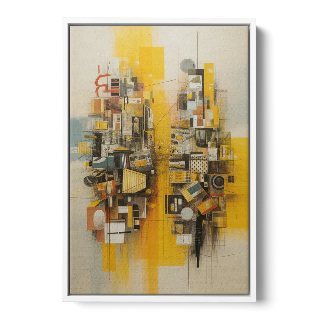 Dynamic Urban Layers Yellow Abstract Front - White Canvas Wall Art