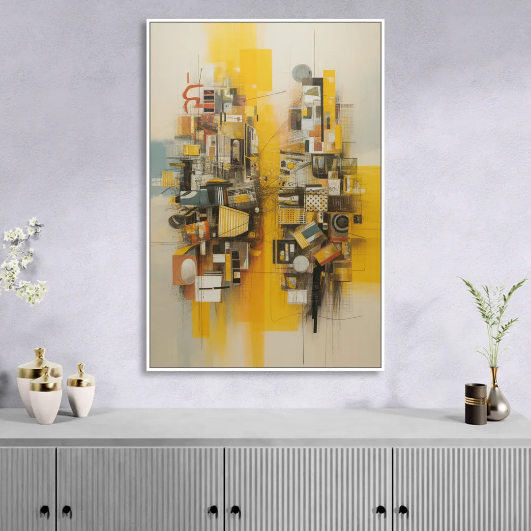 Dynamic Urban Layers Yellow Abstract Sitting Room - White Canvas Wall Art