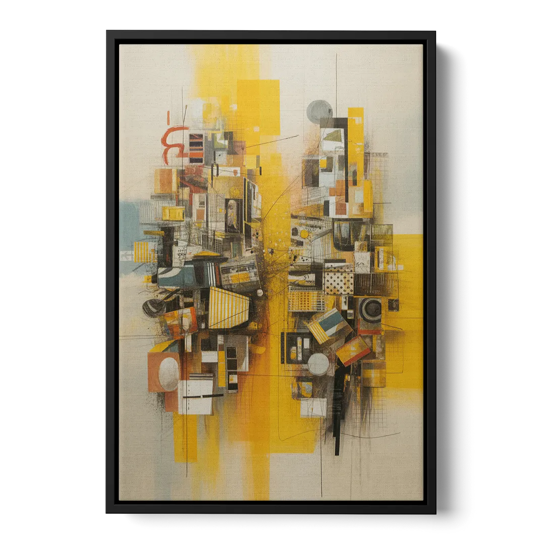 Dynamic Urban Layers Yellow Abstract Front - Black Canvas Wall Art