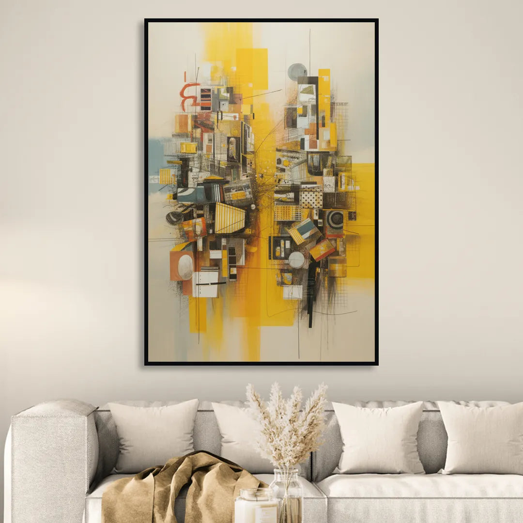 Dynamic Urban Layers Yellow Abstract Sitting Room - Black Canvas Wall Art