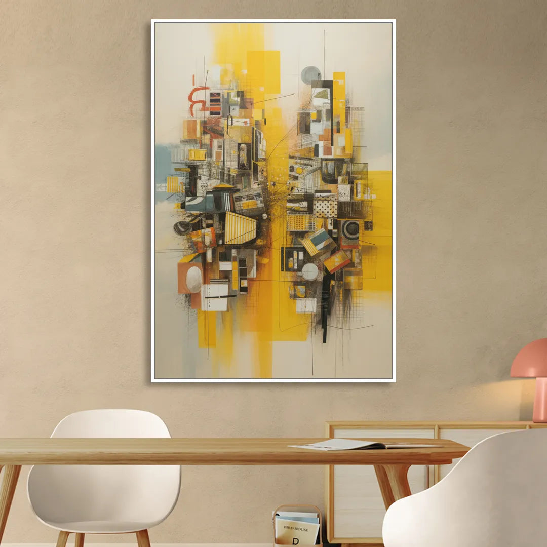 Dynamic Urban Layers Yellow Abstract Living Room - White Canvas Wall Art