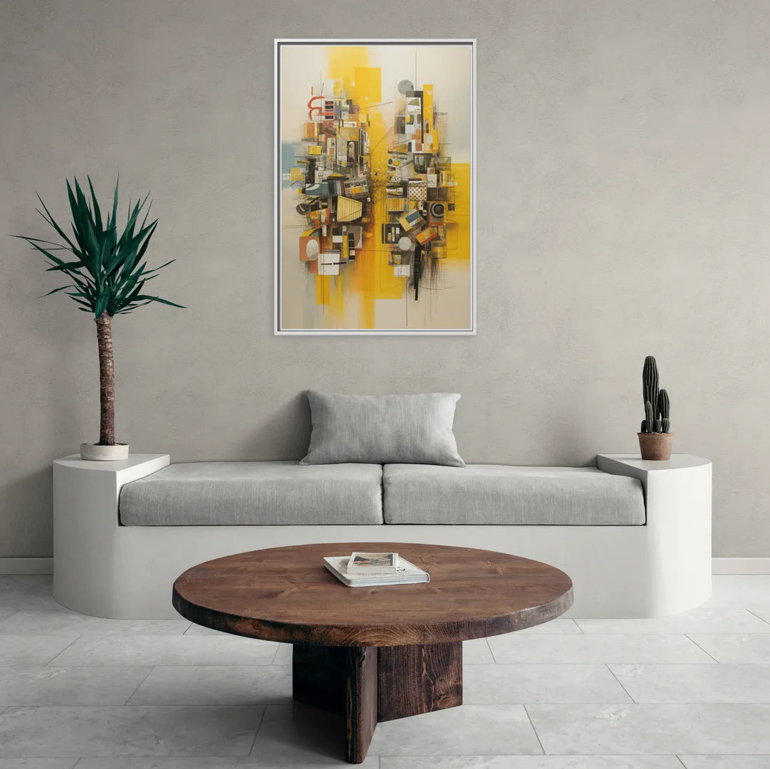 Dynamic Urban Layers Yellow Abstract - Living Room White Frame Canvas