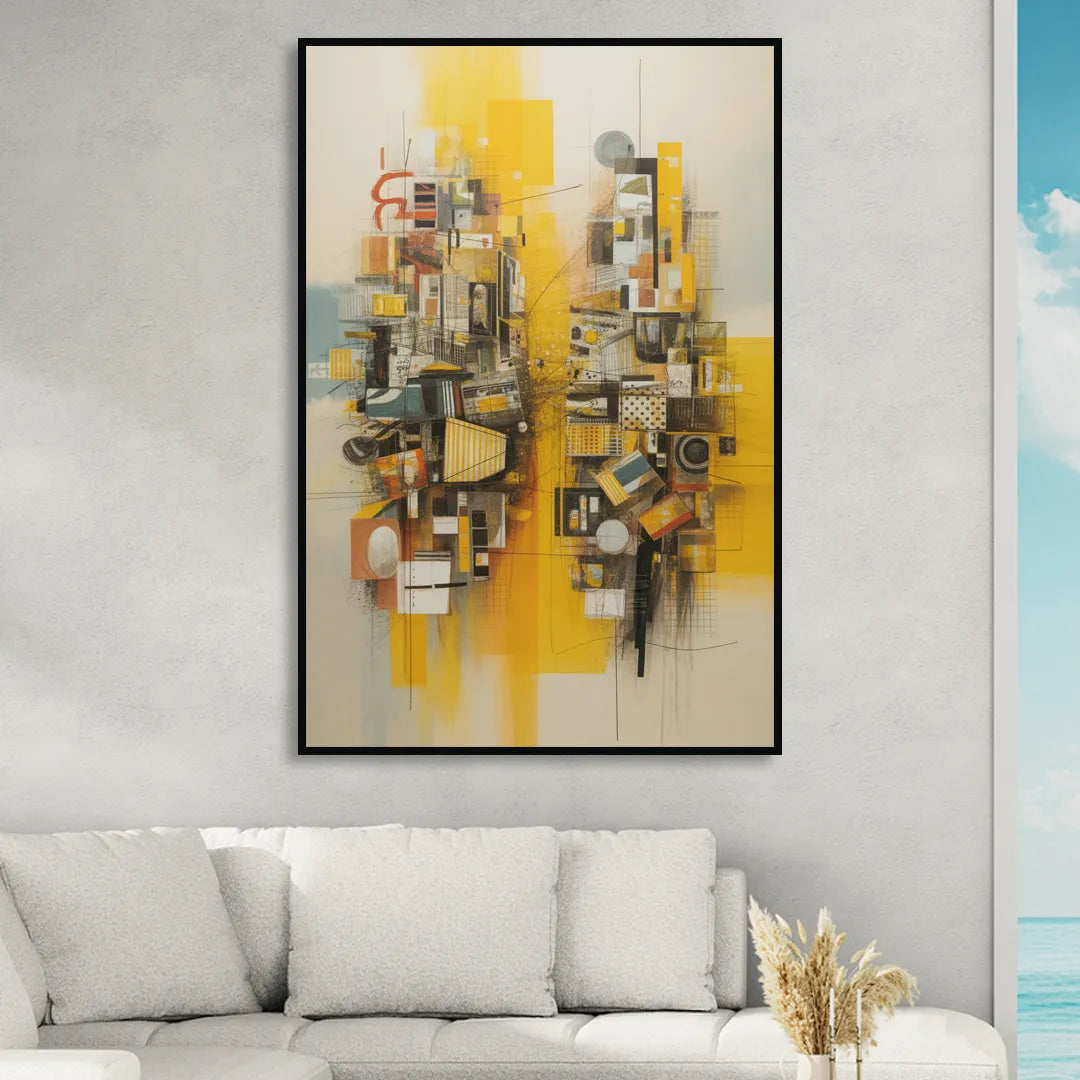 Dynamic Urban Layers Yellow Abstract Living Room - Black Canvas Wall Art