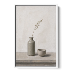 Earth Tone Wall Art with Stoneware Bottle and Cup - White Framed Canvas Wall Art - Front