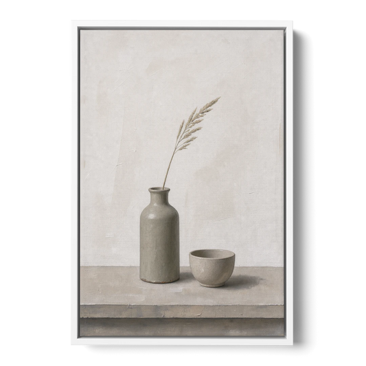 Earth Tone Wall Art with Stoneware Bottle and Cup - White Framed Canvas Wall Art - Front