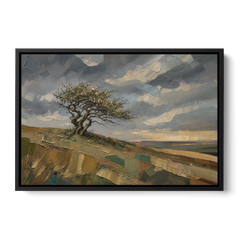 Earthy Tone Wall Art of a Windswept Hawthorn - Black Framed Canvas Wall Art - Front