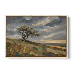 Earthy Tone Wall Art of a Windswept Hawthorn - Oak Framed Canvas Wall Art - Front