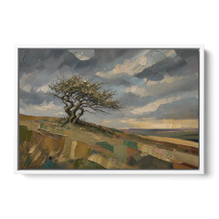 Earthy Tone Wall Art of a Windswept Hawthorn - White Framed Canvas Wall Art - Front
