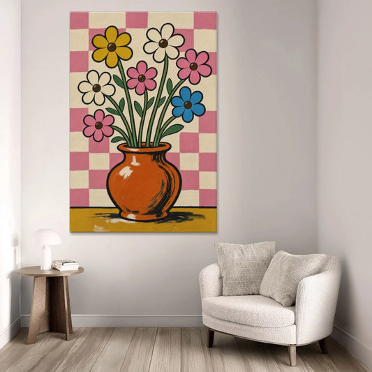 Eclectic Checkerboard Bouquet in a Clay Vase - Canvas Wall Art - Sofa - 40x60