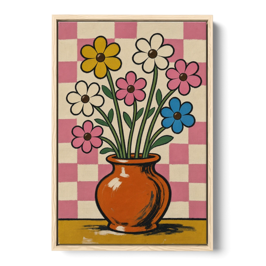 Eclectic Checkerboard Bouquet in a Clay Vase - Oak Framed Canvas Wall Art - Front