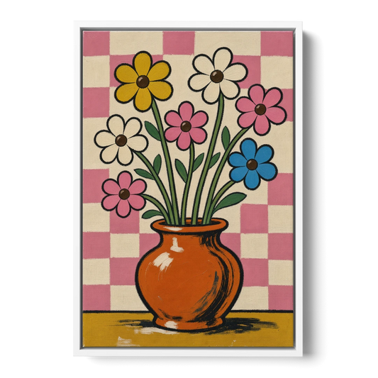 Eclectic Checkerboard Bouquet in a Clay Vase - White Framed Canvas Wall Art - Front