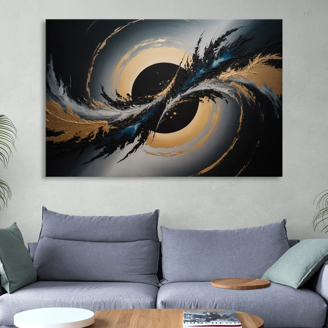 Eclipse Convergence Black Abstract Living Room - Canvas Wall Art