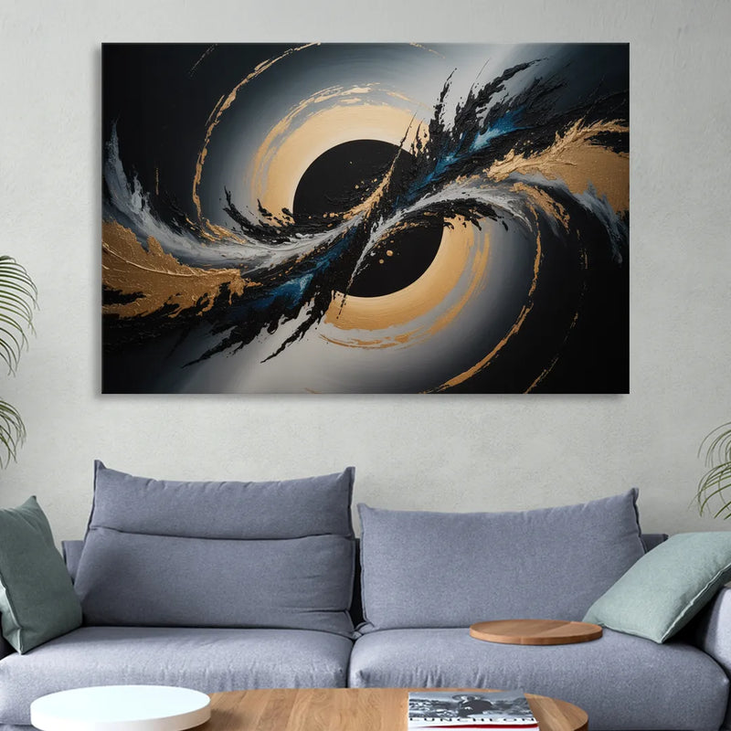 Eclipse Convergence Black Abstract Living Room - Canvas Wall Art