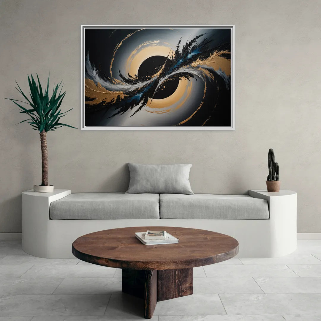 Eclipse Convergence Black Abstract - Living Room White Frame Canvas