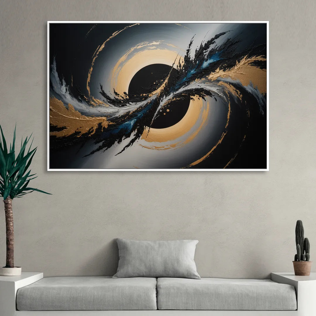 Eclipse Convergence Black Abstract Living Room - White Canvas Wall Art