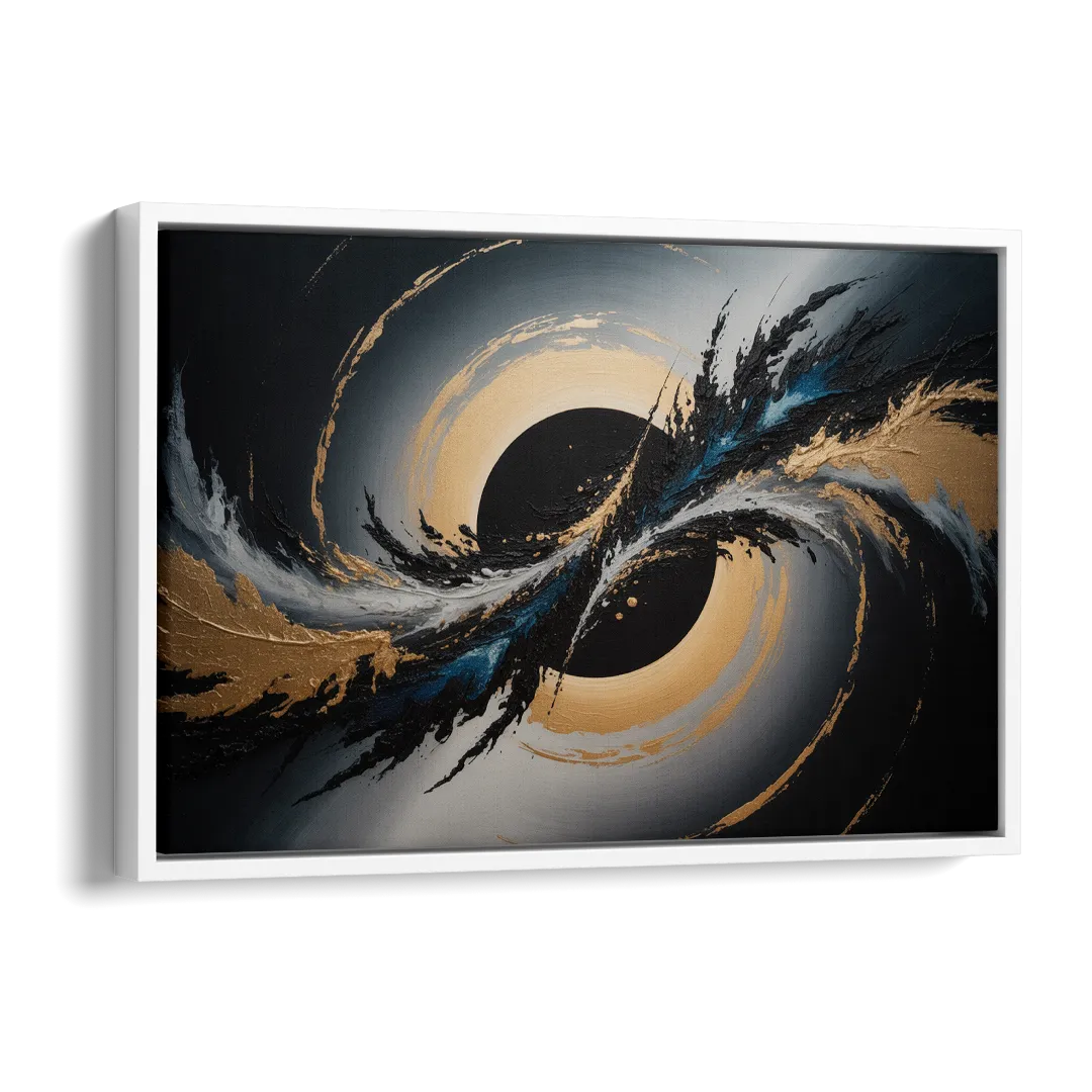Eclipse Convergence Black Abstract Side - White Canvas Wall Art