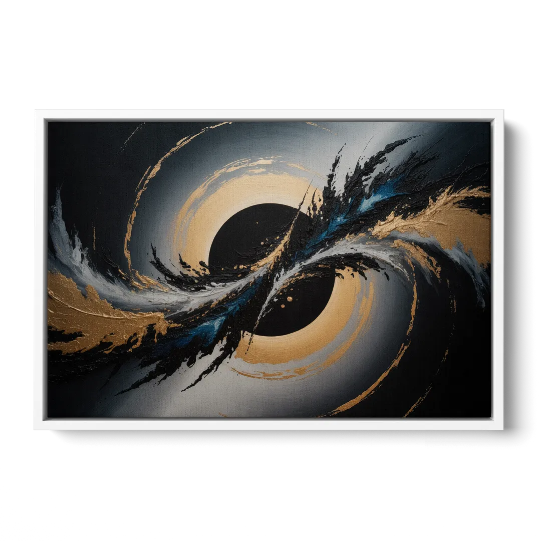 Eclipse Convergence Black Abstract - White Frame Canvas