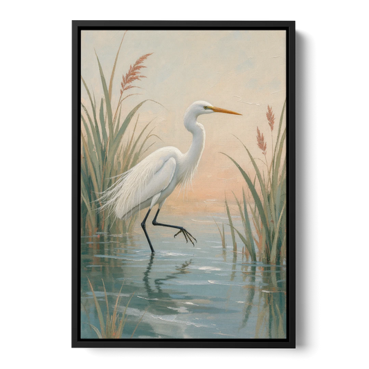 Egret Painting Wading Through Marsh Reeds - Black Framed Canvas Wall Art - Front